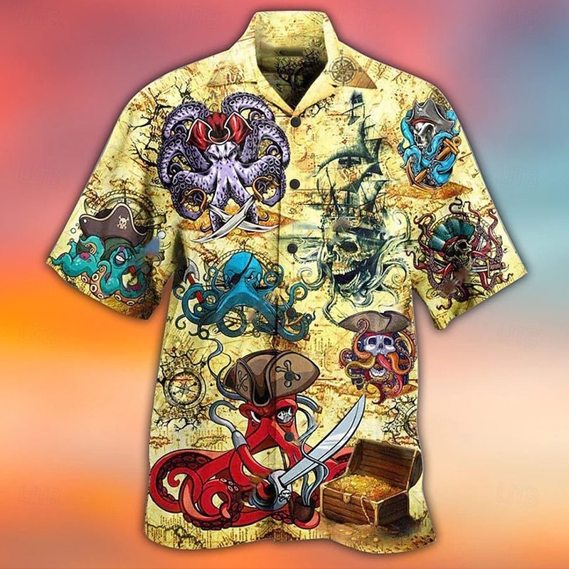 Men's Tropical Octopus Shirt Summer Hawaiian Shirt Camp Collar Shirt Short Sleeve Shirt Turndown Fashion Designer Casual Street Casual Daily Blue-Green Sea Blue Yellow S M L4
