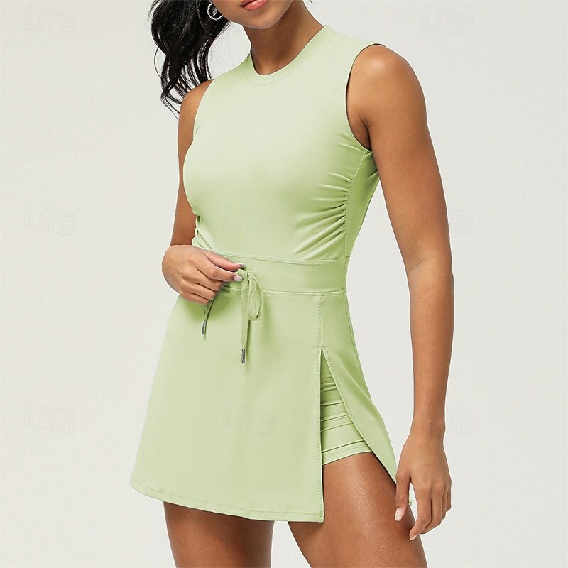 Women's Tennis Dress with Shorts Sports Dress Sleeveless Ruched Backless Drawstring Breathable Moisture Wicking Tennis Golf Running Solid Colored Open Back Light Green Dark Navy Light Blue Tennis4