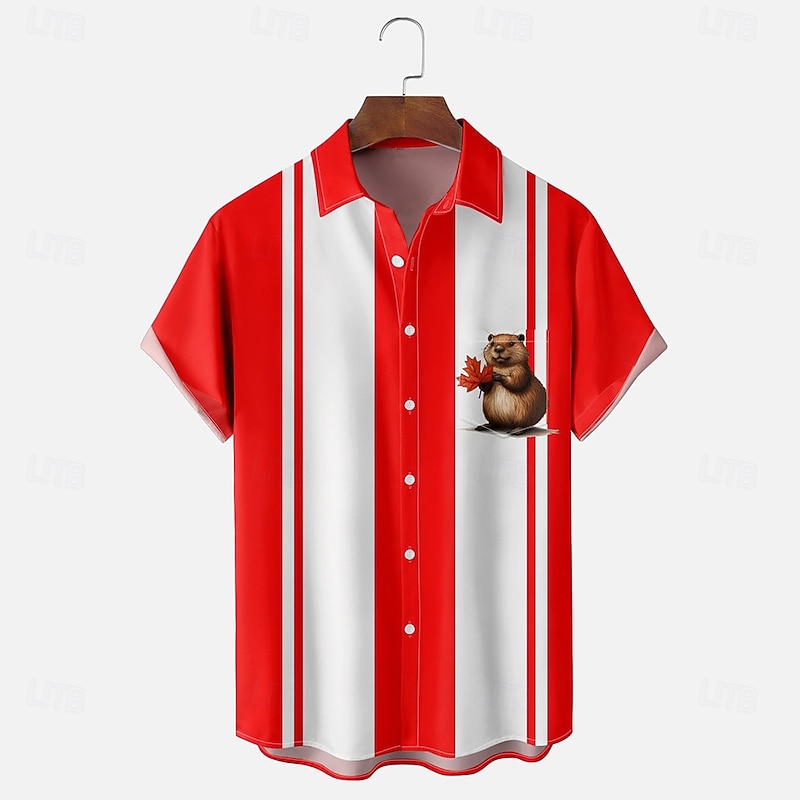 Canada Day Men's Striped Maple Leaf Beaver Shirt Summer Shirt Button Up Shirt Short Sleeve Fashion Casual Holiday Summer Spring Turndown 3D Print Collared Shirts Front One Pocket Red