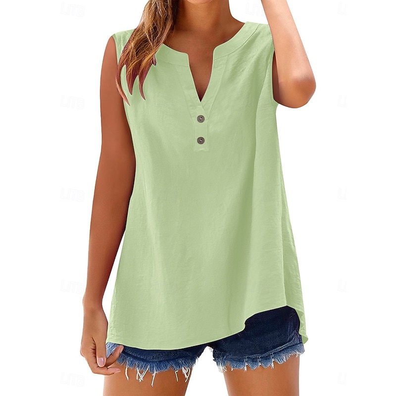 Women's Blouse Solid Color Elegant Vintage Tropical Sleeveless V Neck Regular Tops Daily Holiday Buttons White Light Green Pink Blue Rose Pink Summer Spring4