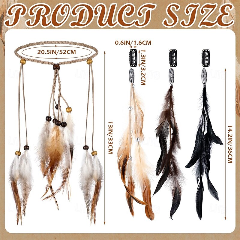 3 Pack Feather Hair Clips and 1 Boho Feather Headband Hippie Hair Extensions with Clip Comb Set for Women Mardi Gras Cosplay Costume Carnival Party Headdress Accessory Gifts3