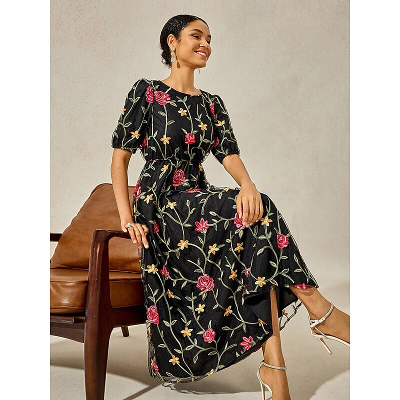Women's Maxi Dress Black Dress A Line Dress Elegant Stylish Puff Sleeve Vacation Daily Loose Fit Floral Short Sleeve Crew Neck Black Summer