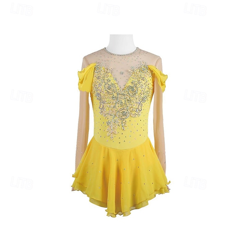 Figure Skating Dress Women's Girls' Ice Skating Dress Yellow Patchwork Thumbhole Mesh Spandex Stretchy Training Practice Professional Skating Wear Thermal Warm Crystal / Rhinestone Long Sleeve Ice2