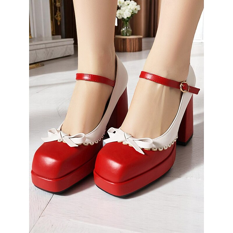 Women's Light Blue and White Mary Jane Chunky Heels with Bow Detail, 1950s Lolita Vintage Style Platform Shoes for Teens and Young Adults, Ideal for Daily Outfits and Casual Dates2