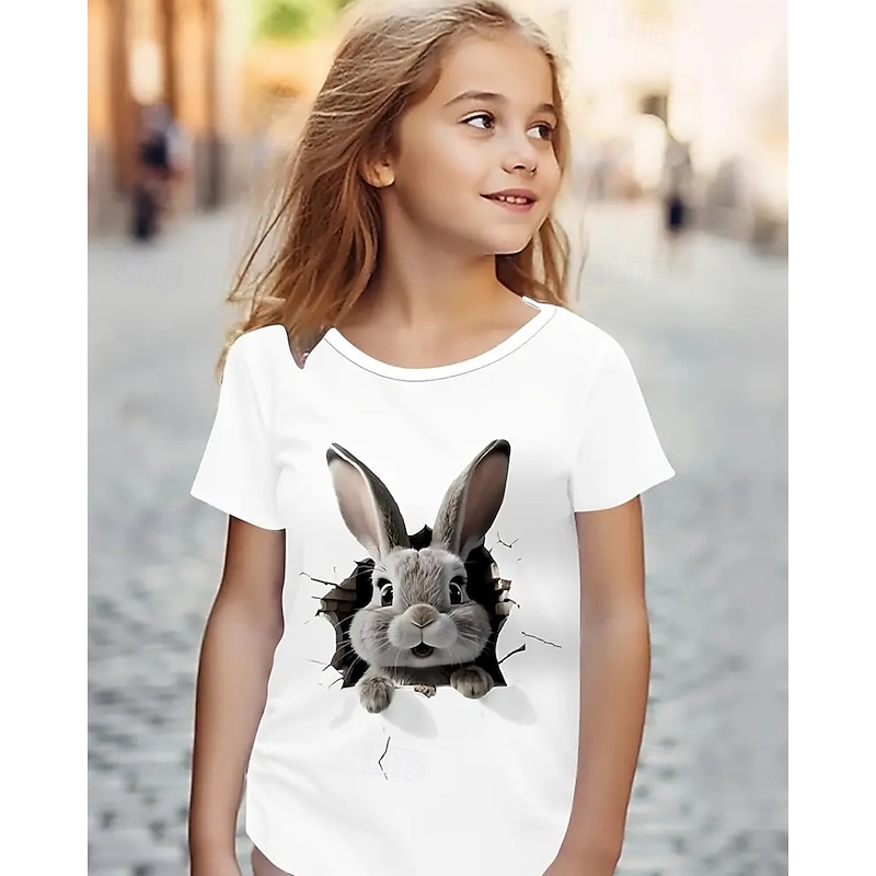 Girls' 3D Rabbit T shirt Tee Short Sleeve Summer Spring Fashion Basic Kids 4-12 Years Crew Neck Outdoor Casual Daily Regular Fit