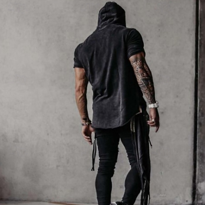 Men's T Shirt Tee Short Sleeve Shirt Tee Top Short Sleeve Hooded Summer Printed Fashion Designer Basic Patchwork Vacation Street Going out Dark Gray Top Tee for Men2