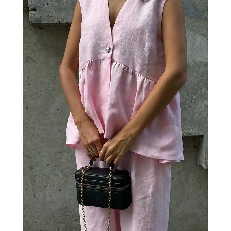 Women's Active Fashion Cotton Linen Shirts Blouse Pants Sets Sleeveless V Neck Solid Color Dubbele Rij Knopen Vacation Casual Daily Black Pink Light Blue Summer Regular Fit2