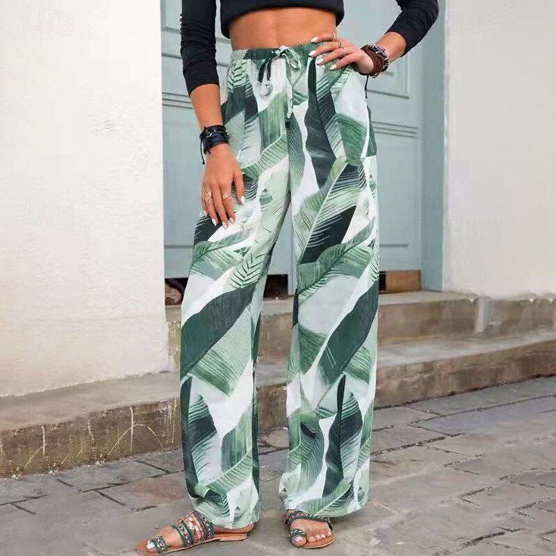Women's Slacks Pants Trousers Fashion Boho Full Length Natural Leaf Print Elastic Drawstring Design Comfy Outdoor Comfortable Outdoor Holiday Casual Daily Grey Pink Purple Green Summer Regular Fit3