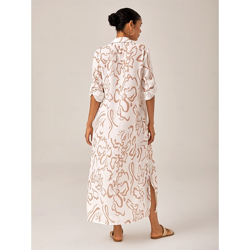 Sequin Apricot Curve Pocket Roll Up Sleeve Maxi Shirt Dress2