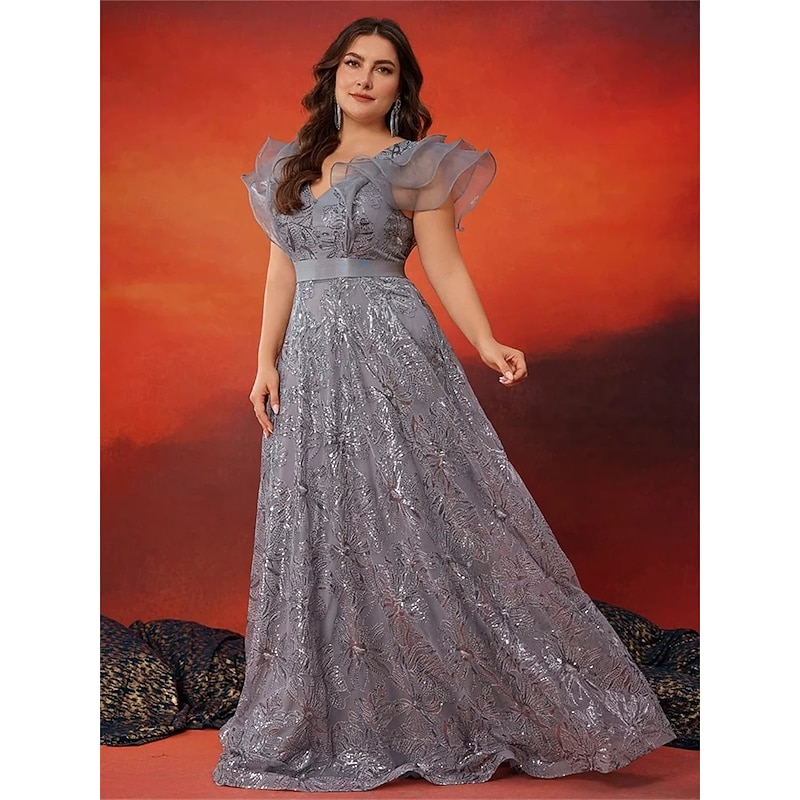 A-Line Plus Size Dresses Elegant Curve Dress Formal Wedding Floor Length Sleeveless V Neck Lace with Sequin3