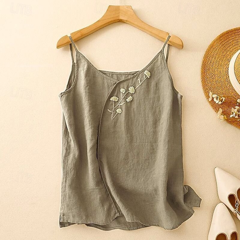 Women's Cotton Linen Vest Blouse Flower Modern Casual Sleeveless Strap Regular Tops Daily Holiday Embroidered White Green Summer