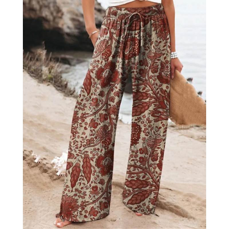 Women's Linen-Inspired Pants Wide Leg Palazzo Pants Fashion Boho Full Length High Waist Flower Elastic Waist Breathable Comfortable Micro-elastic Street Daily Wear Going out Black Red Blue Khaki
