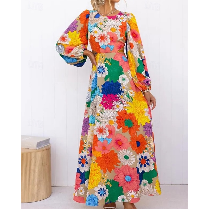Women's Long Dress Maxi Dress Floral Dress Boho Dress Print Dress Fashion Classic Modern Outdoor Vacation Holiday Regular Fit Flower Long Sleeve Crew Neck Yellow Summer