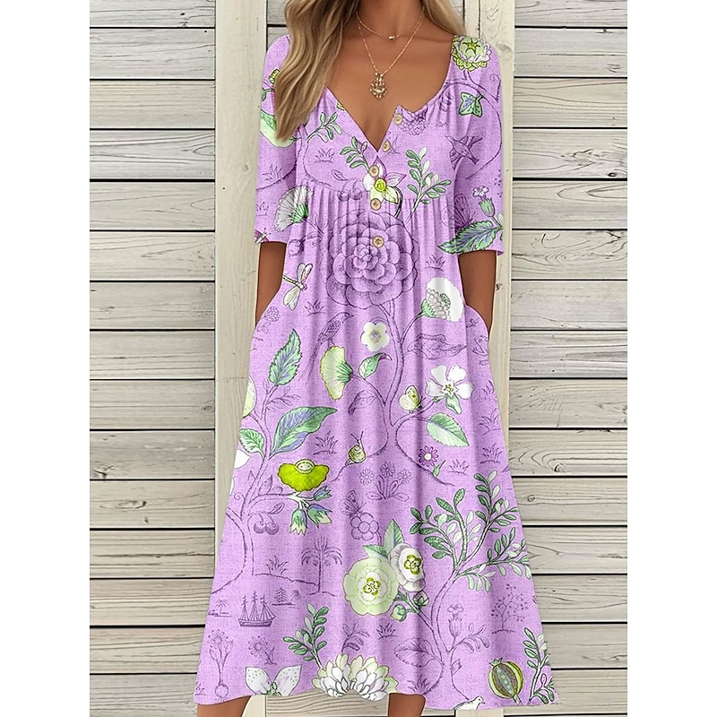Women's Midi Dress Summer Dress Pleated Dress Vacation Casual Beach Holiday Regular Fit Floral Graphic Short Sleeve Crew Neck Blue Purple Orange Summer3