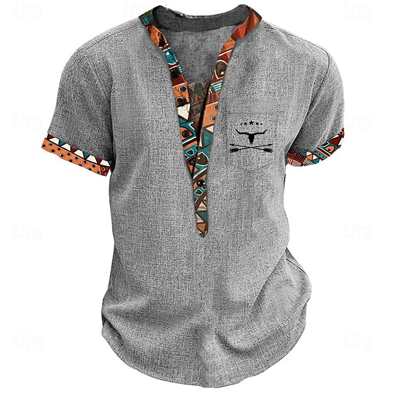 Men's Tribal Ethnic T Shirt Henley Shirt Tee Short Sleeve Designer Cultural Basic Outdoor Casual Daily Summer Light Blue Khaki Light Grey Henley Henley T-Shirt4