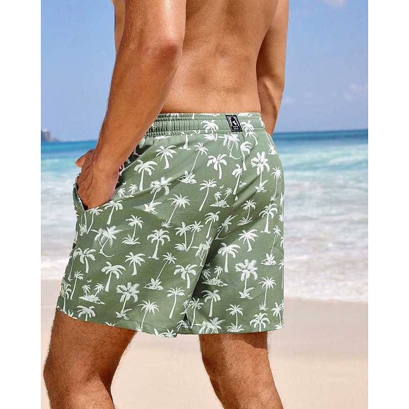 Men's Swim Shorts Board Shorts Swim Trunks Coconut Tree Stripes Quick dry Breathable Drawstring Elastic Waist With Compression Liner Vacation Beach Hawaiian Casual Blue Green3