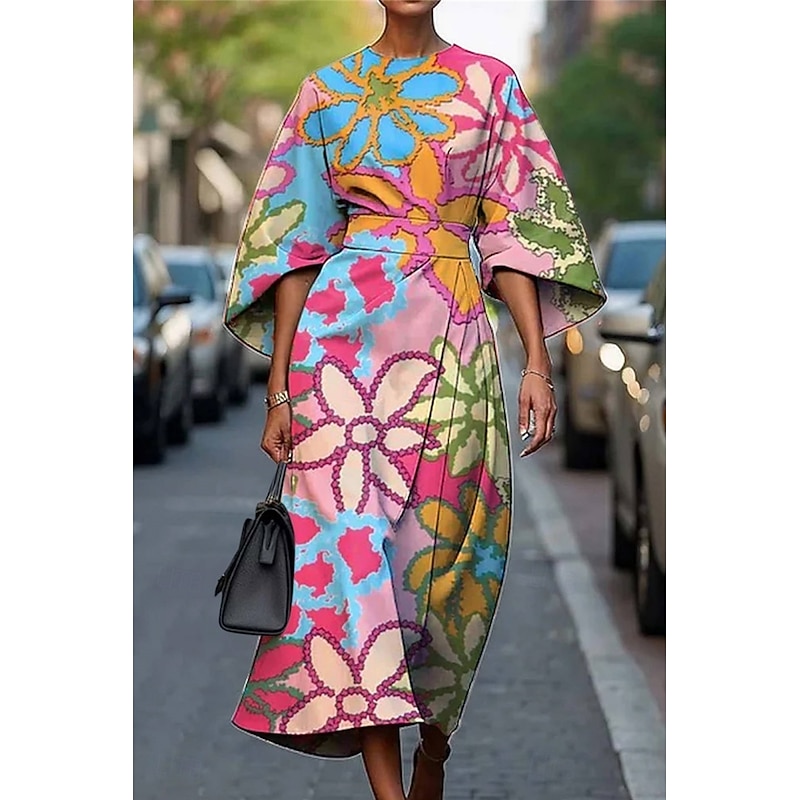 Women's Long Dress Maxi Dress Casual Dress Summer Dress Fashion Modern Daily Date Weekend Regular Fit Floral Geometric 3/4 Length Sleeve Crew Neck Pink Red Blue Khaki Summer4