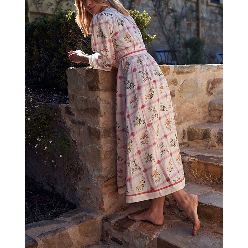 Women's Long Dress Maxi Dress Cotton Linen Dresses Casual Dress Fashion Outdoor Party Holiday Regular Fit Flower 3/4 Length Sleeve Shirt Collar Pink Summer3
