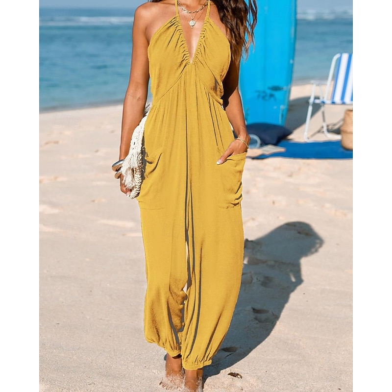 Women's Normal Jumpsuit Streetwear Solid Color Sleeveless Halter Neck Pocket Street Daily Regular Fit Black Yellow Navy Blue Summer2
