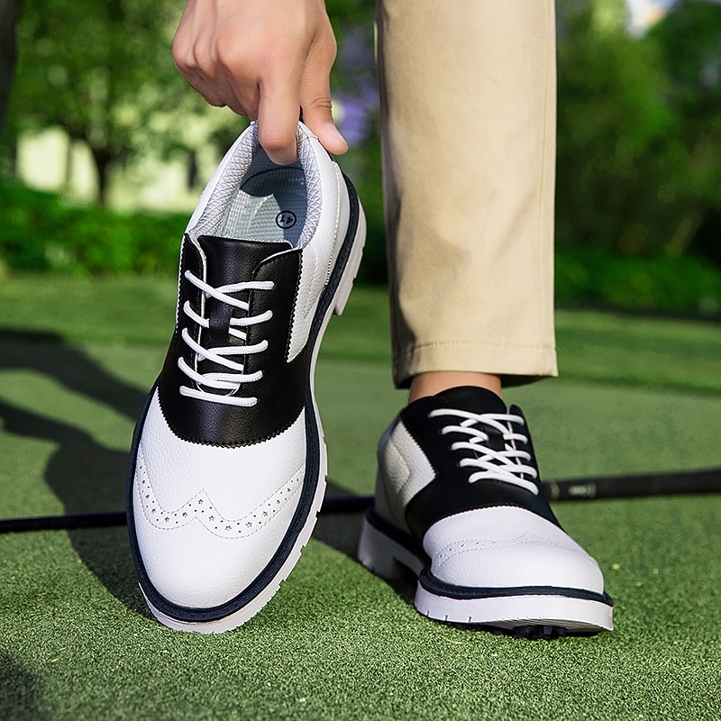Men's Classic Black and White Golf Shoes with Faux Leather Upper - Versatile Design for Golf and Casual Wear2