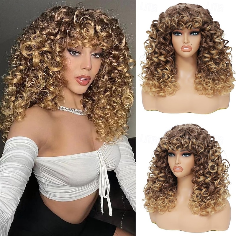 Curly Wig Big Curly Wigs for White Black Women 20 Inch Long Curly Afro Wig with Bangs Synthetic Hair Replacement Wigs for Cosplay and Daily Ombre Blonde Halloween Wigs