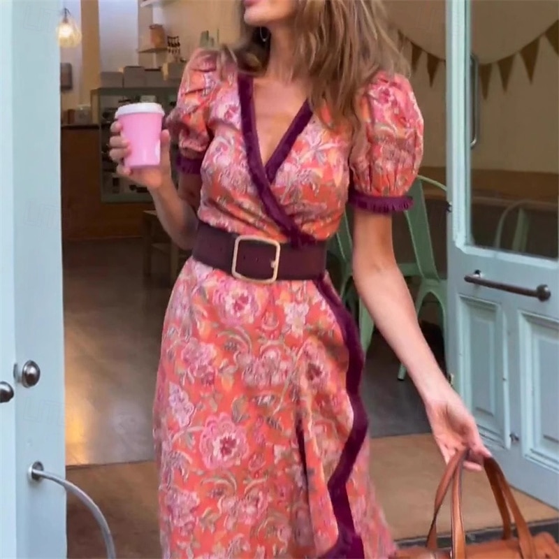 Women's Long Dress Maxi Dress Casual Dress Swing Dress Boho Dress Fashion Outdoor Party Holiday Regular Fit Flower Short Sleeve V Neck Pink Summer3