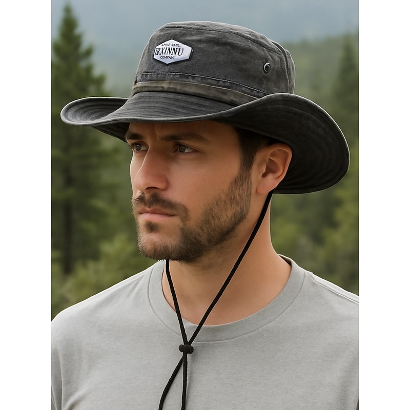 Men's outdoor fishing hat with adjustable chin strap, Cotton canvas fabric, Classic roll-up wide brim, Suitable for summer activities, Hiking and traveling
