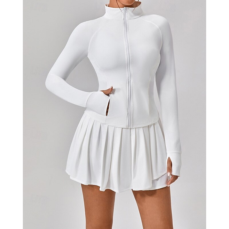 Women's Solid Colored Tennis Skirts with Shorts Tennis Sports Jacket Long Sleeve Zipper Pocket Quick Dry Breathable Tennis Pickleball Running Standing Collar Top Black White Pink Spandex Tennis2