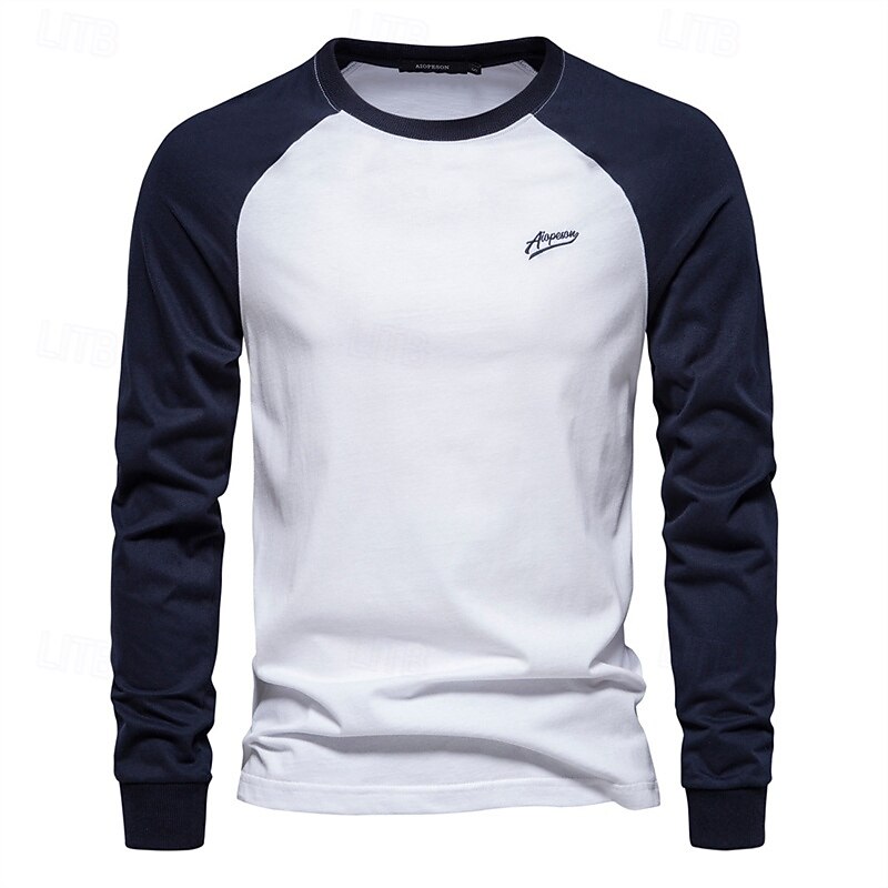 Men's T Shirt Tee Tee Top Long Sleeve Shirt Long Sleeve Crew Neck Spring Fall Color Block Fashion Designer Basic Patchwork Vacation Street Going out White Navy Blue Light Grey Top Tee for Men