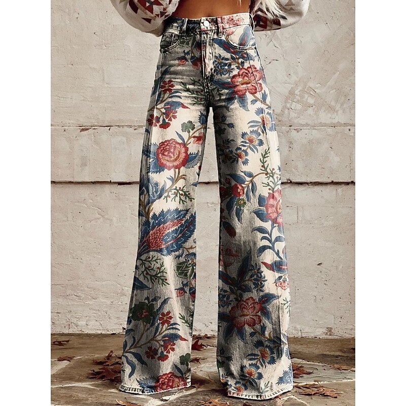 Women's Wide Leg Chinos Vacation Fashion Streetwear Full Length High Waist Floral Pocket Printing Comfy Soft Comfortable Micro-elastic Outdoor Street White Yellow Navy Blue Blue Summer Spring Regular4