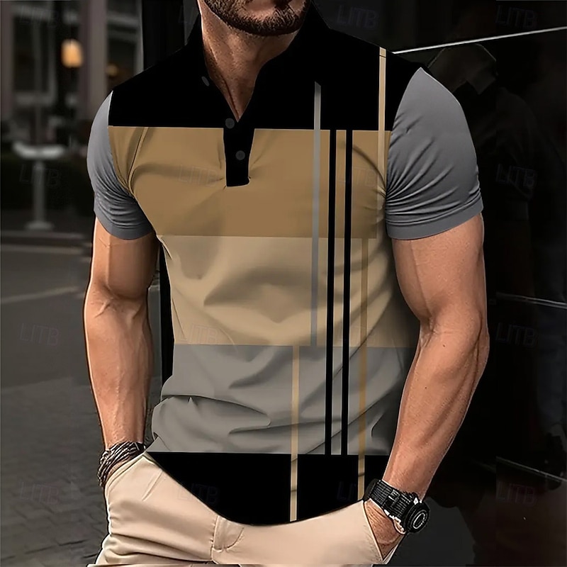 Men's Geometric Polo Short Sleeve Polo Shirts Collared Shirts Business Casual School Outdoor Athleisure Daily Wear 3D Print Summer Spring Fall Purple Brown Gray3