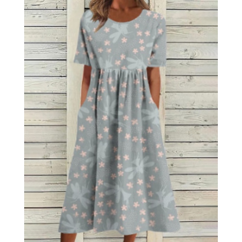 Women's Midi Dress Casual Dress Floral Dress Classic Modern Vacation Daily Going out Regular Fit Flower Short Sleeve Crew Neck Purple Gray Fall