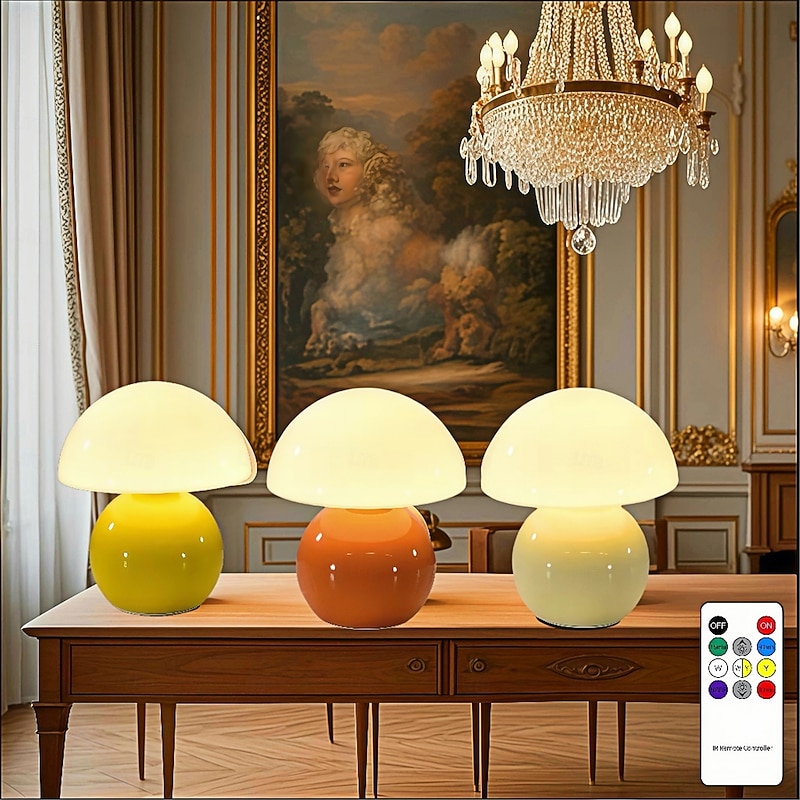 3-Color Table Lamp Mushroom Adjustable Remote Control Ceramic Lamp Bedroom Bedside Lamp Cream Style Mushroom Table Lamp Bedroom Decoration Small Night Light Study Lighting   USB 1PC3