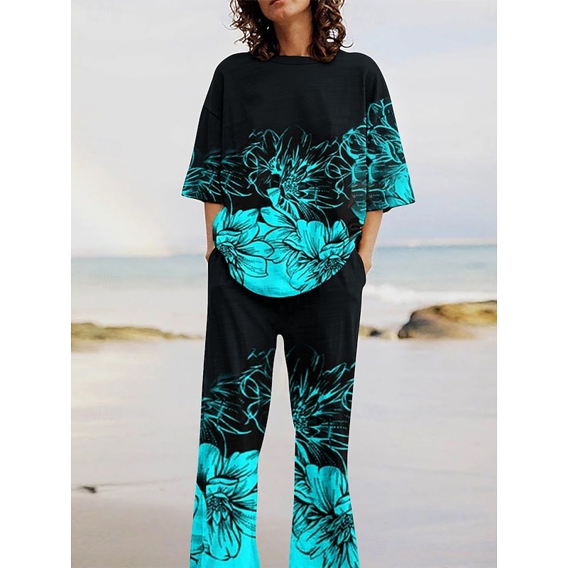 Women's Active Vacation Pants Sets Half Sleeve Crew Neck Ombre Floral Print Casual Daily Black White Navy Blue Summer Regular Fit
