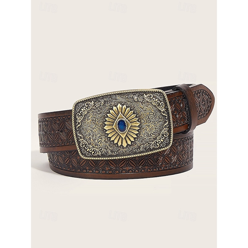 Men's Western Tooled Faux Leather Belt with Vintage Engraved Buckle and Blue Gem, Cowboy Style for Rodeo, Outdoor Events and Casual Wear4