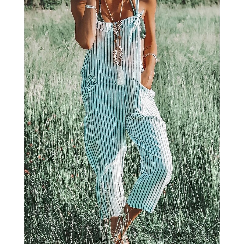Women's Normal Jumpsuit Streetwear Striped Sleeveless U Neck Pocket Holiday Going out Regular Fit Gray Summer