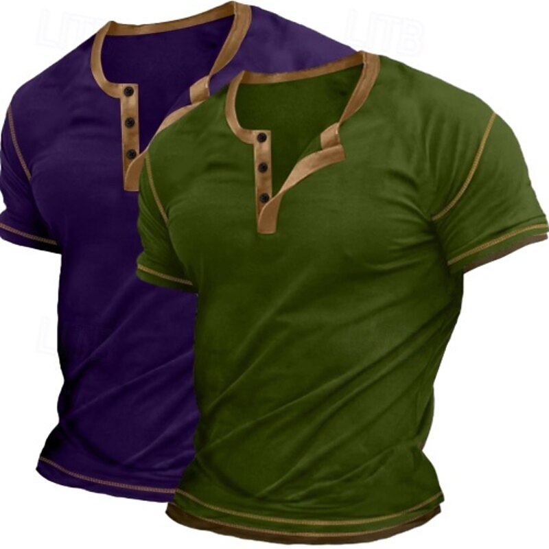 2 Piece Men's Henley Shirt Tee Top Short Sleeve Plain Raglan Sleeve Fashion Designer Basic Button Up  2 Pack Henley Vacation Street Casual Summer All Season3