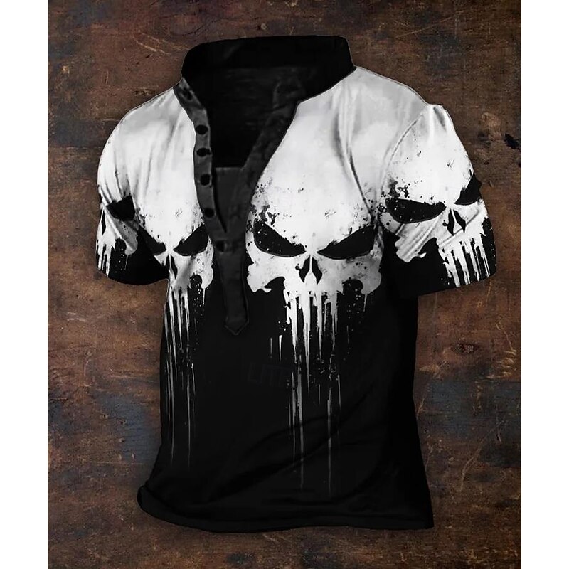 Men's Halloween Skull Cool Skulls T Shirt Henley Shirt Tee Short Sleeve Designer Basic Classic Outdoor Casual Daily Summer Black Henley Henley T-Shirt