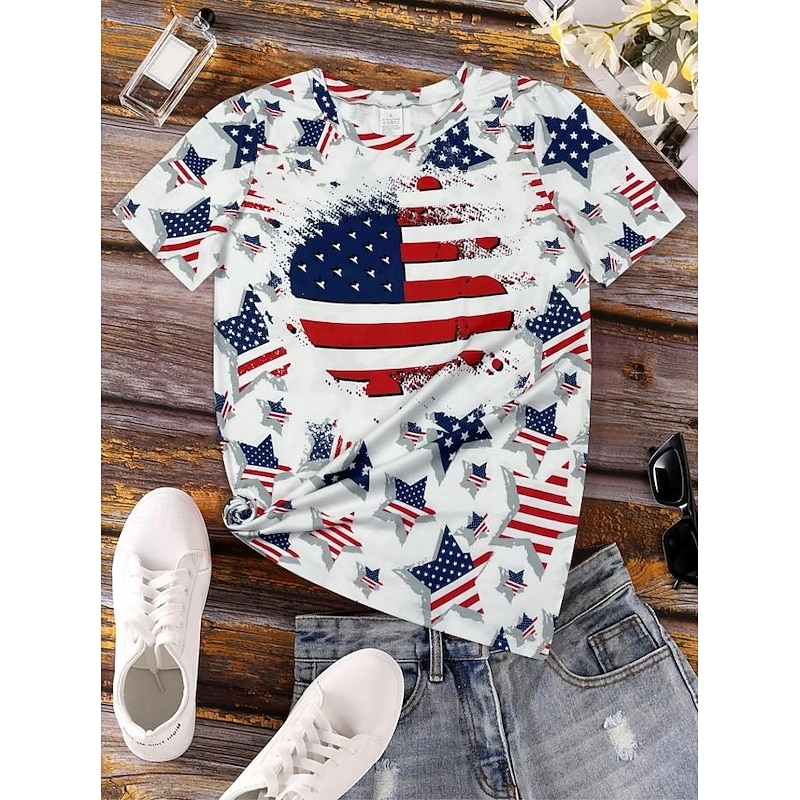 Women's Patriotic  T Shirt Graphic Flag Vintage Stylish Classic Short Sleeve Crew Neck Round Neck Regular Tops Daily Weekend Print Black White Navy Blue Royal Blue2