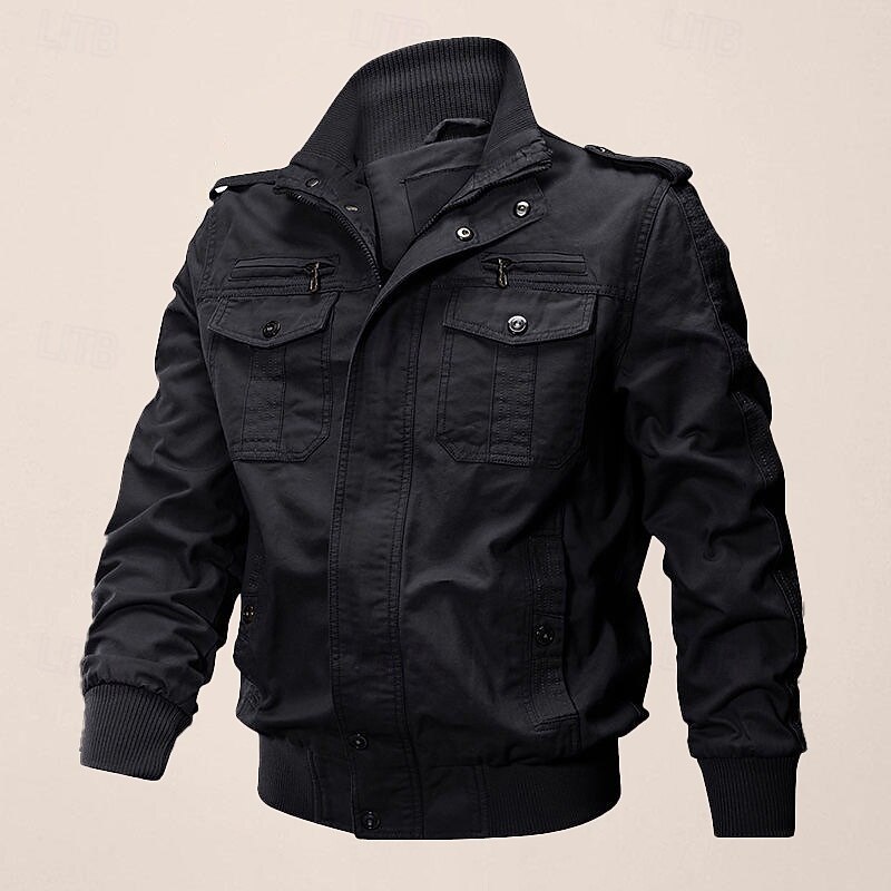 Men's Utility Jacket Transition Jacket Going out Pocket All Seasons Plain Classic Lapel Regular Black Khaki Army Green Jacket