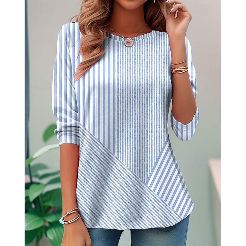 Women's T shirt Long Sleeve Crew Neck Long Sleeve Tunic Graphic Geometric Striped Elegant Vintage Regular Tops Daily Going out Weekend Print Pink Blue Purple Orange Green Prefall