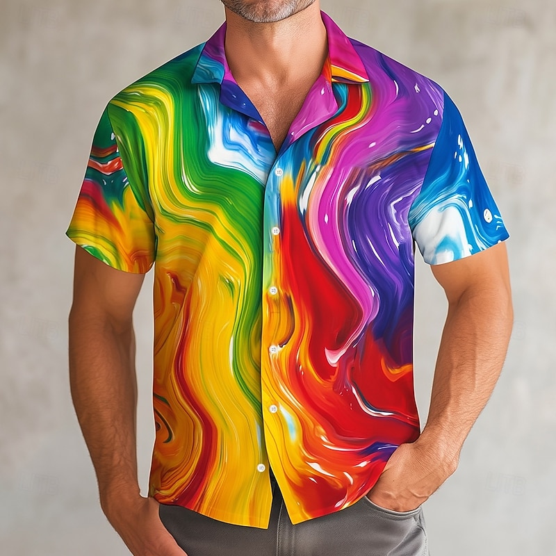 Men's Rainbow Waves Pride Shirt Casual Shirt Cuban Collar Shirt Short Sleeve Fashion Casual Holiday Summer Spring Stand Collar Camp Collar Shirt 3D Print Rainbow - Main Image