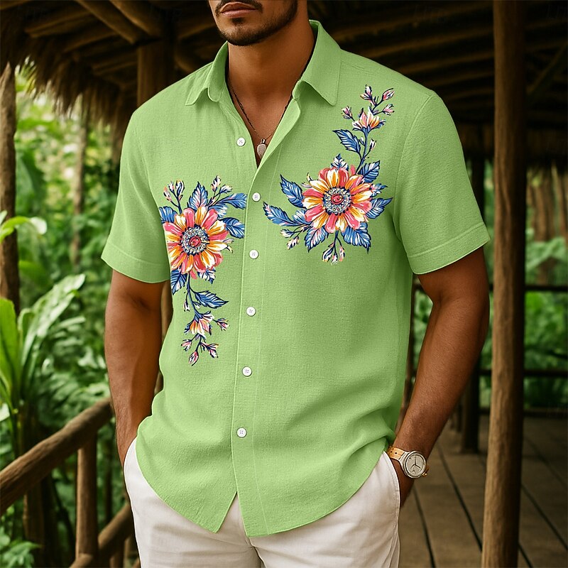Men's Shirt Linen Shirt Summer Shirt Beach Shirt Button Up Shirt Floral Casual Holiday Yellow Pink Navy Blue Green Short Sleeve Turndown Summer Clothing Apparel Front Pocket4