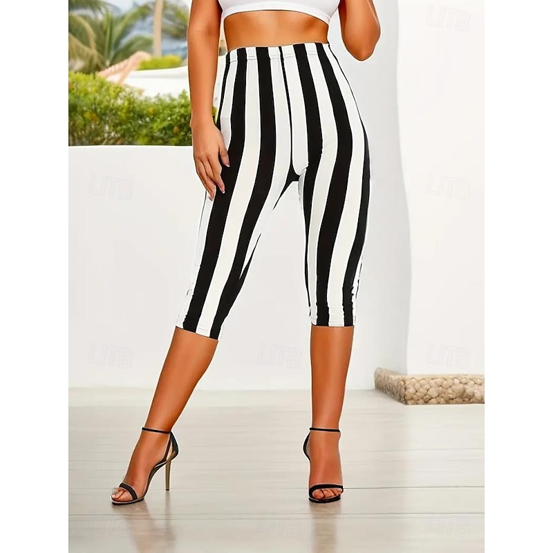 Women's Leggings Vacation Vintage Fashion Full Length Mid Waist Graphic Striped Printing Thermal Warm Breathable Soft Stretchy Outdoor Vacation Street Black Summer Spring Slim Fit3