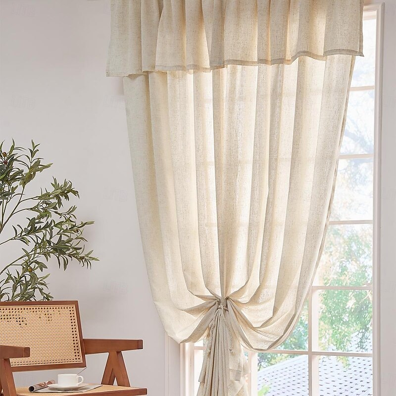 Faux Linen Curtains with Valance Farmhouse Privacy Window Curtain for Living Room Bedroom Ring/Rod Pocket Light Filtering Curtain Drapes 1 Panel 15