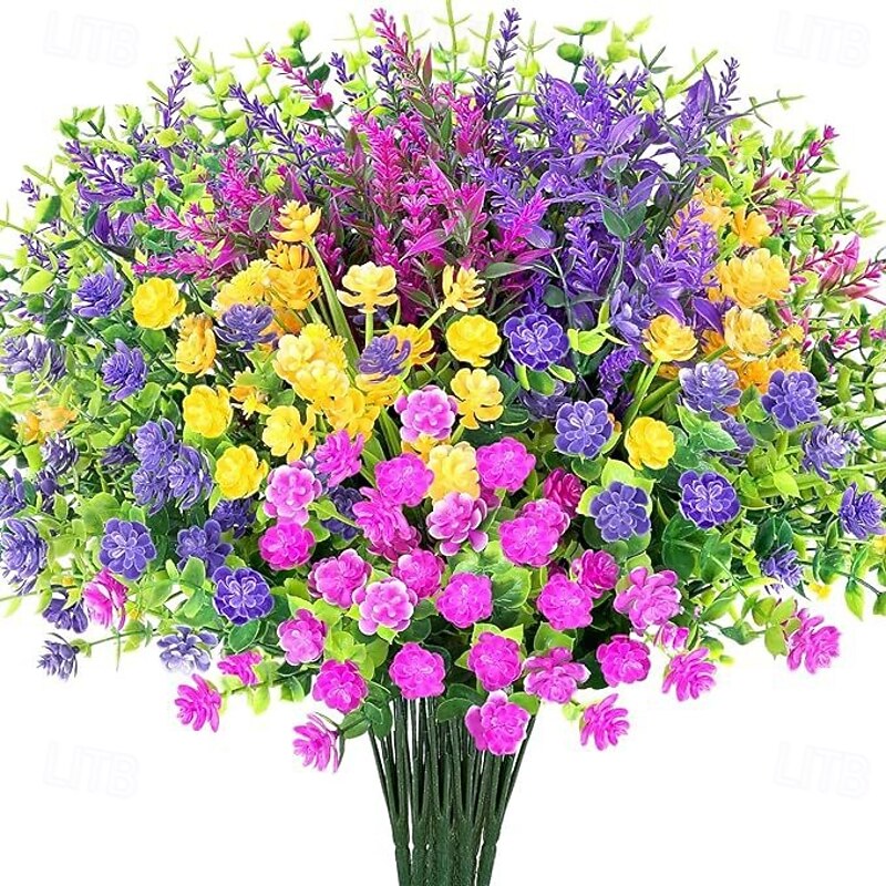 18 Bundles Artificial Flowers for Outdoors, UV Resistant Plastic Fake Plants for Home Kitchen Wedding Party Decor, No Fade Faux Greenery for Patio Porch Garden Indoor Outdoor Decoration