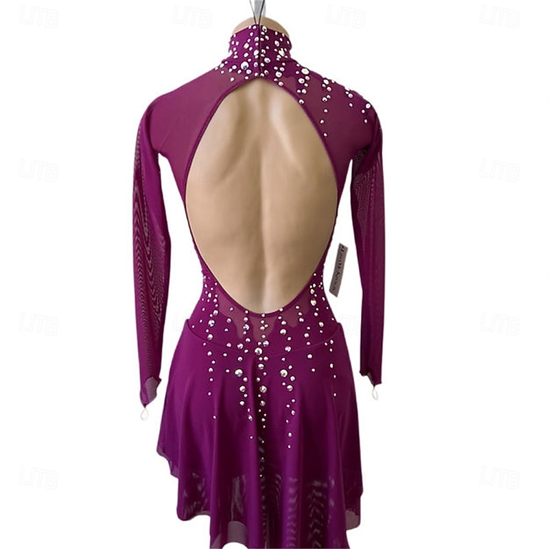 Figure Skating Dress Women's Girls' Ice Skating Dress Fuchsia Patchwork Open Back Mesh Spandex High Elasticity Training Competition Skating Wear Classic Crystal / Rhinestone Long Sleeve Ice Skating3