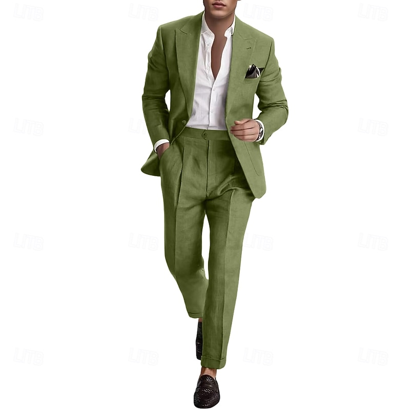 Men's Wedding Business Linen Suits Pink Sky Blue Summer Fashion Casual Solid Colored Standard Fit 2 Piece Single Breasted One-button