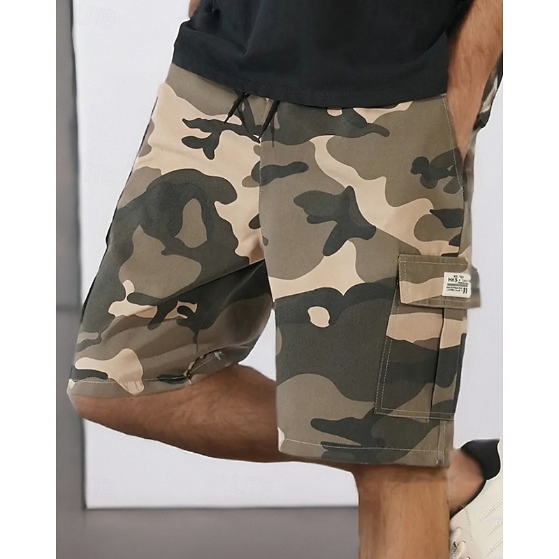Men's Cargo Shorts Camo Shorts Shorts Summer Shorts Drawstring Elastic Waist Multi Pocket Camouflage Comfort Wearable Knee Length Outdoor Sport Daily Fashion Casual Black Khaki
