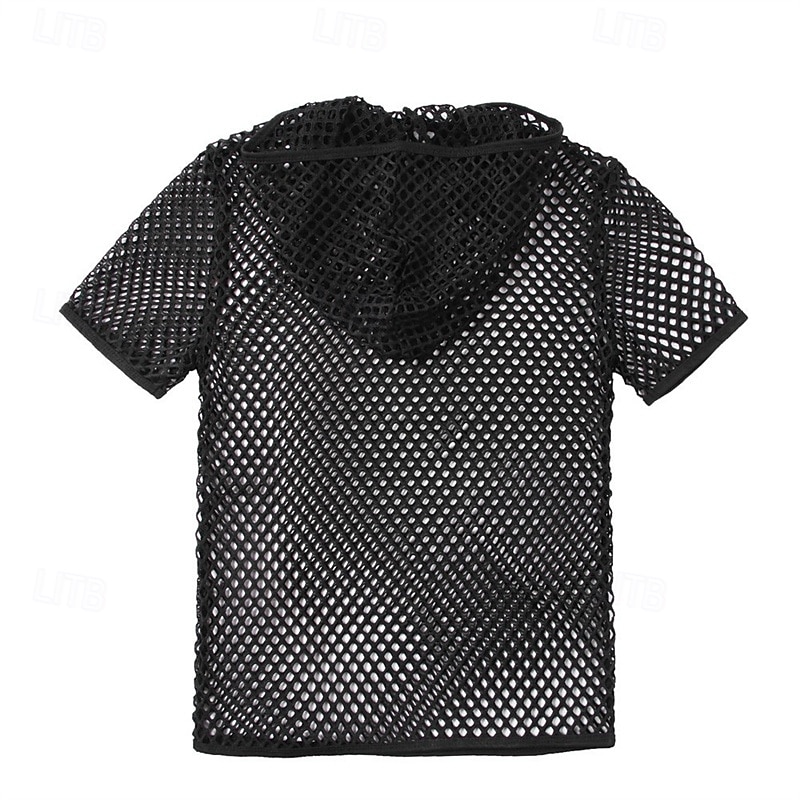 Men's T Shirt Tee Short Sleeve Shirt Tee Top Short Sleeve Hooded Summer Plain Fashion Designer Basic Mesh Vacation Street Going out Black Top Tee for Men4